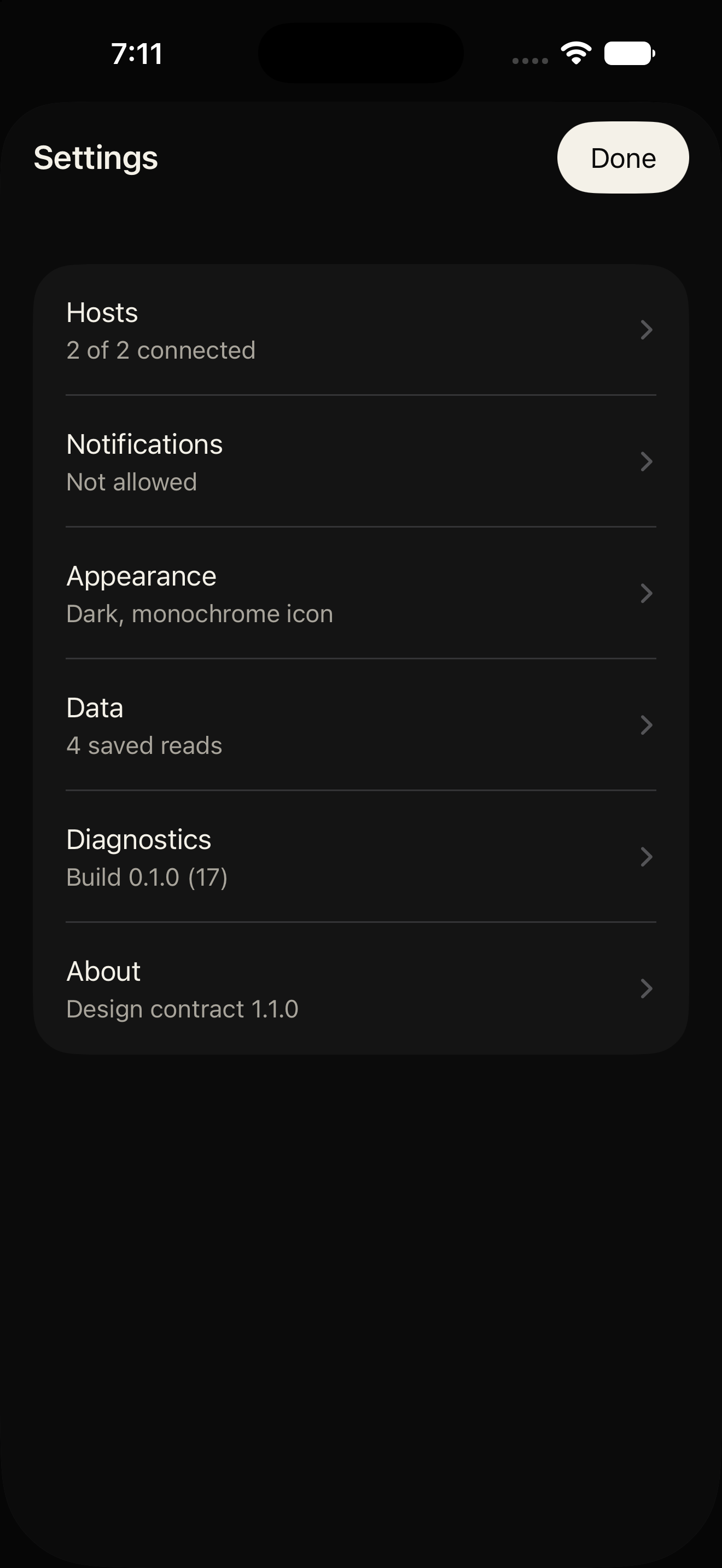 iPhone, settings screen, dark appearance